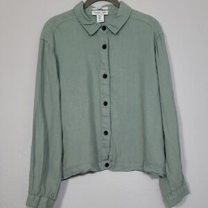 Rachel Zoe 100% Linen Button Up Long Sleeve Shirt Size L Green Collared Coastal